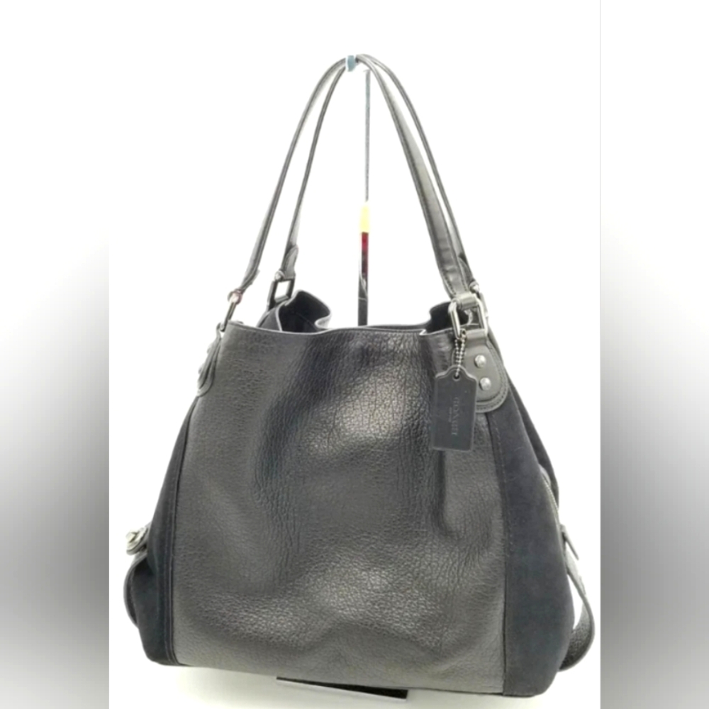 Coach Designer Black Suede & Leather Edie Turn Lock Shoulder Bag Purse